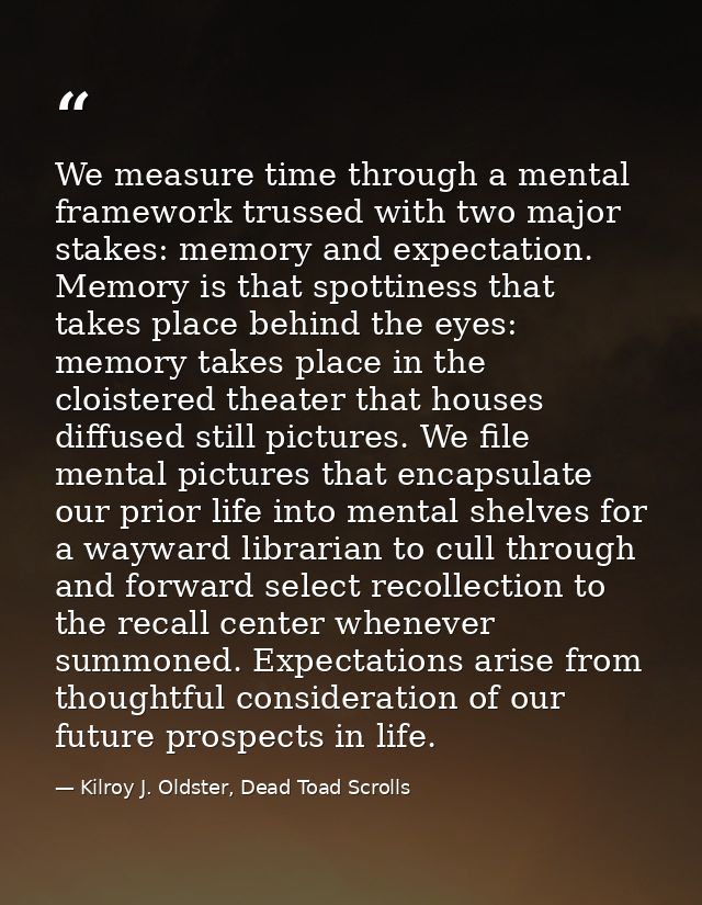 We measure time through a mental framework trussed with two major stakes: memory and expectation. Memory is that spottin — Kilroy J. Oldster, Dead Toad Scrolls