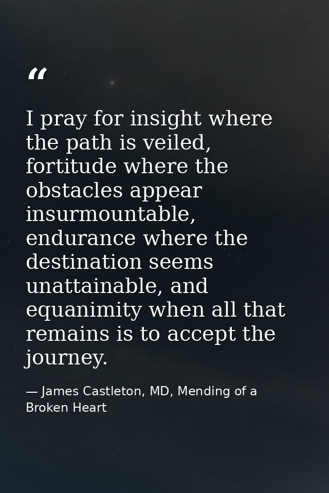 I pray for insight where the path is veiled, fortitude where the obstacles appear insurmountable, endurance where the de — James Castleton, MD, Mending of a Broken Heart