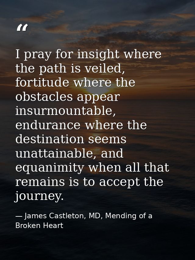 I pray for insight where the path is veiled, fortitude where the obstacles appear insurmountable, endurance where the de — James Castleton, MD, Mending of a Broken Heart