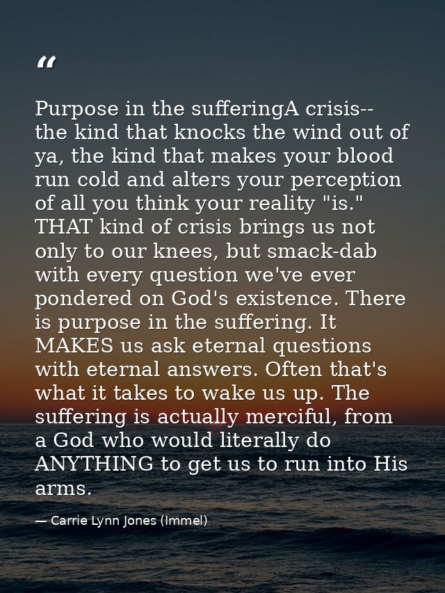 Purpose in the sufferingA crisis-- the kind that knocks the wind out of ya, the kind that makes your blood run cold and  — Carrie Lynn Jones (Immel)