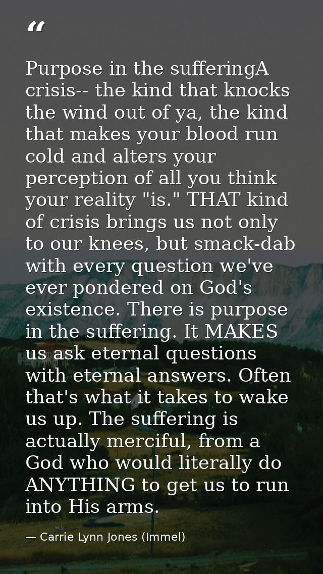 Purpose in the sufferingA crisis-- the kind that knocks the wind out of ya, the kind that makes your blood run cold and  — Carrie Lynn Jones (Immel)