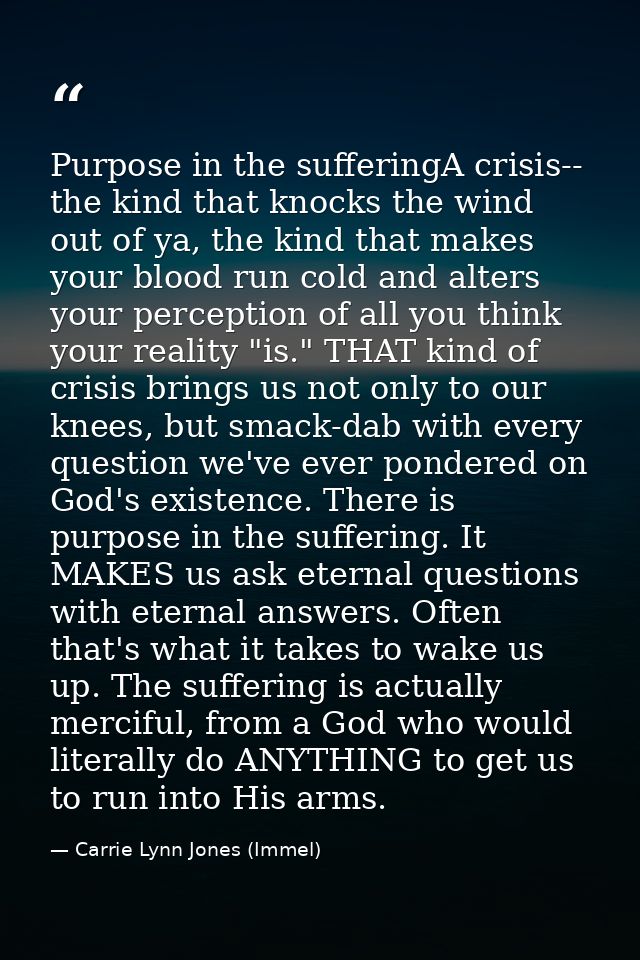 Purpose in the sufferingA crisis-- the kind that knocks the wind out of ya, the kind that makes your blood run cold and  — Carrie Lynn Jones (Immel)