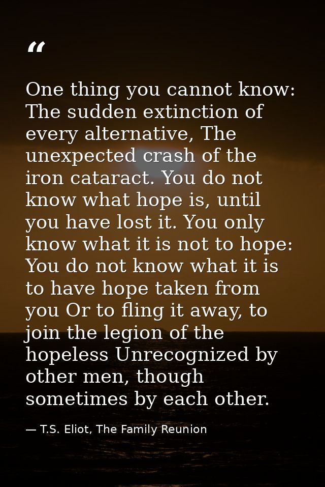 One thing you cannot know: The sudden extinction of every alternative, The unexpected crash of the iron cataract. You do — T.S. Eliot, The Family Reunion