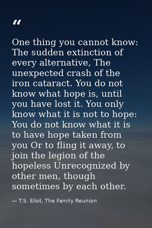 One thing you cannot know: The sudden extinction of every alternative, The unexpected crash of the iron cataract. You do — T.S. Eliot, The Family Reunion