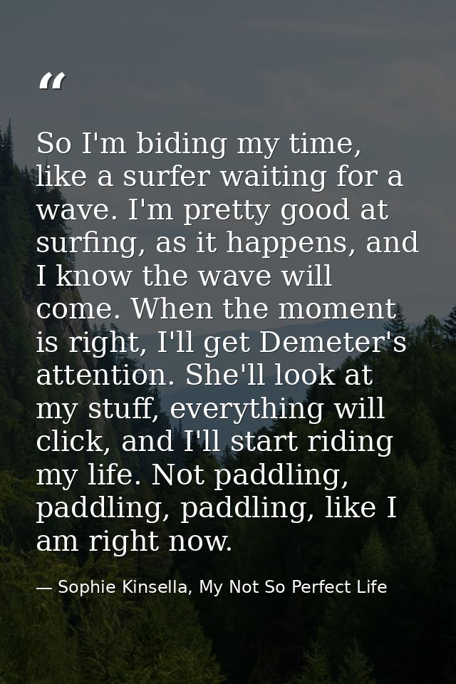 So I'm biding my time, like a surfer waiting for a wave. I'm pretty good at surfing, as it happens, and I know the wave  — Sophie Kinsella, My Not So Perfect Life