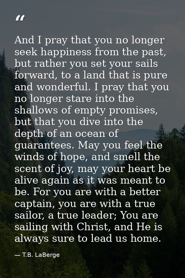 And I pray that you no longer seek happiness from the past, but rather you set your sails forward, to a land that is pur — T.B. LaBerge