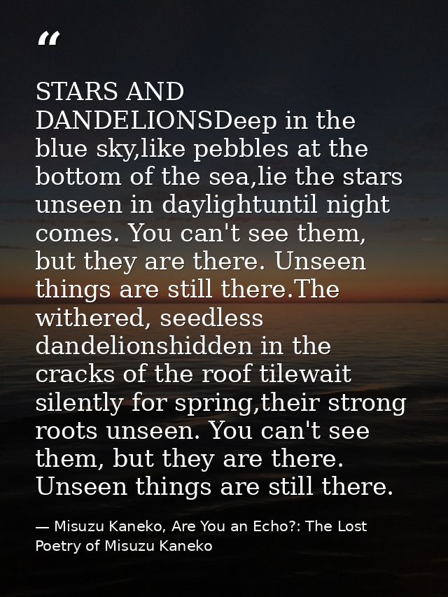 STARS AND DANDELIONSDeep in the blue sky,like pebbles at the bottom of the sea,lie the stars unseen in daylightuntil nig — Misuzu Kaneko, Are You an Echo?: The Lost Poetry of Misuzu Kaneko