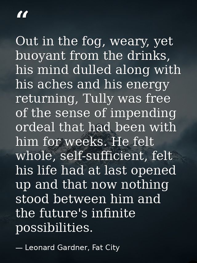 Out in the fog, weary, yet buoyant from the drinks, his mind dulled along with his aches and his energy returning, Tully — Leonard Gardner, Fat City