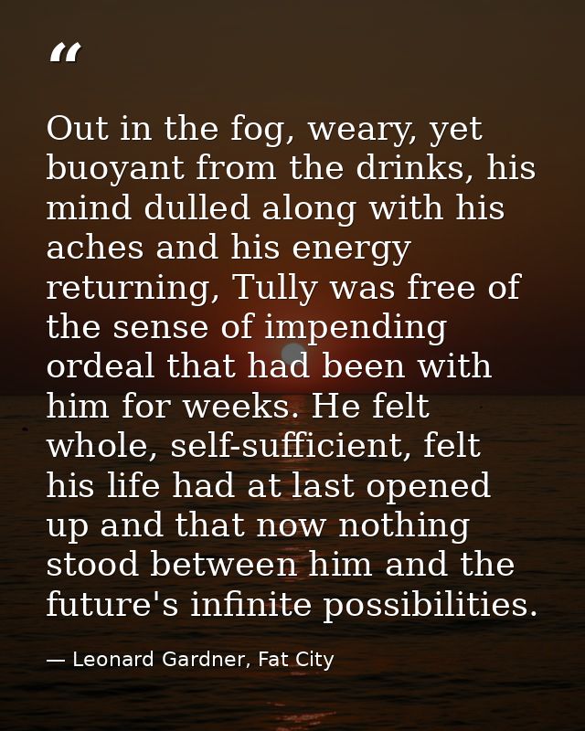 Out in the fog, weary, yet buoyant from the drinks, his mind dulled along with his aches and his energy returning, Tully — Leonard Gardner, Fat City