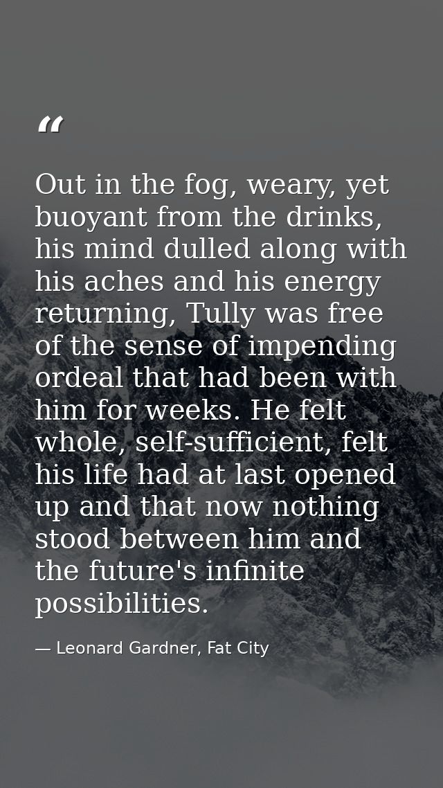 Out in the fog, weary, yet buoyant from the drinks, his mind dulled along with his aches and his energy returning, Tully — Leonard Gardner, Fat City