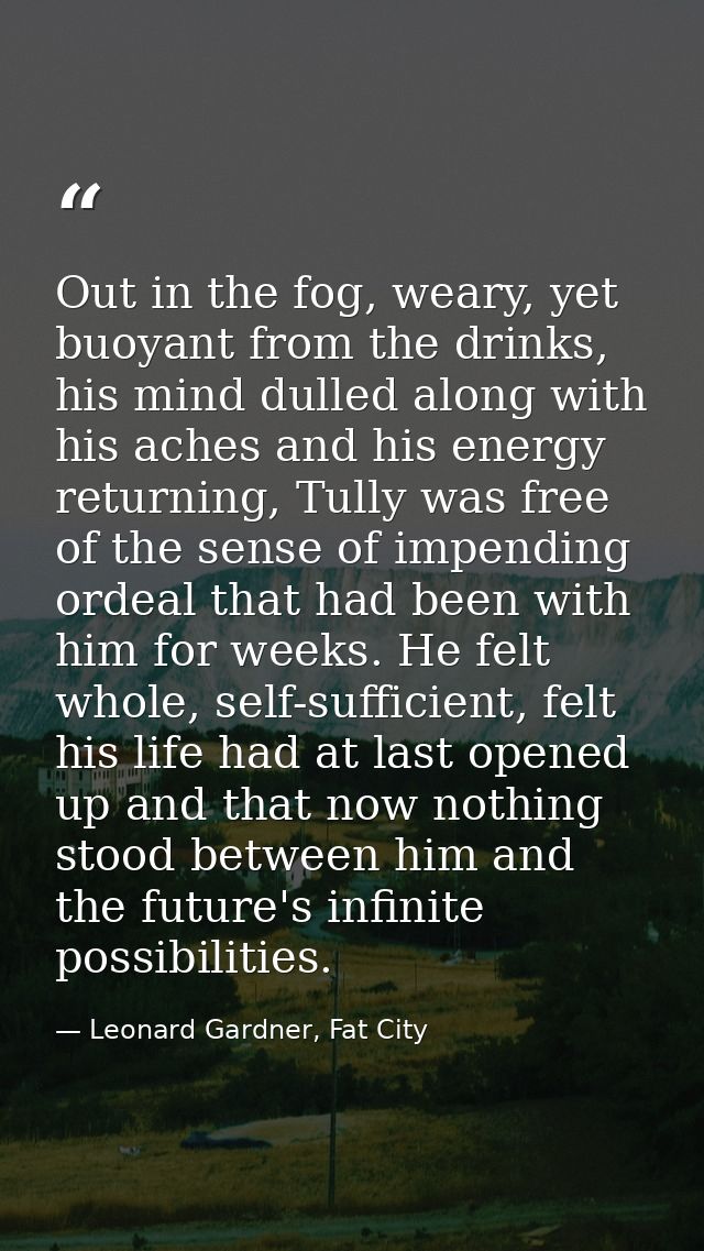Out in the fog, weary, yet buoyant from the drinks, his mind dulled along with his aches and his energy returning, Tully — Leonard Gardner, Fat City