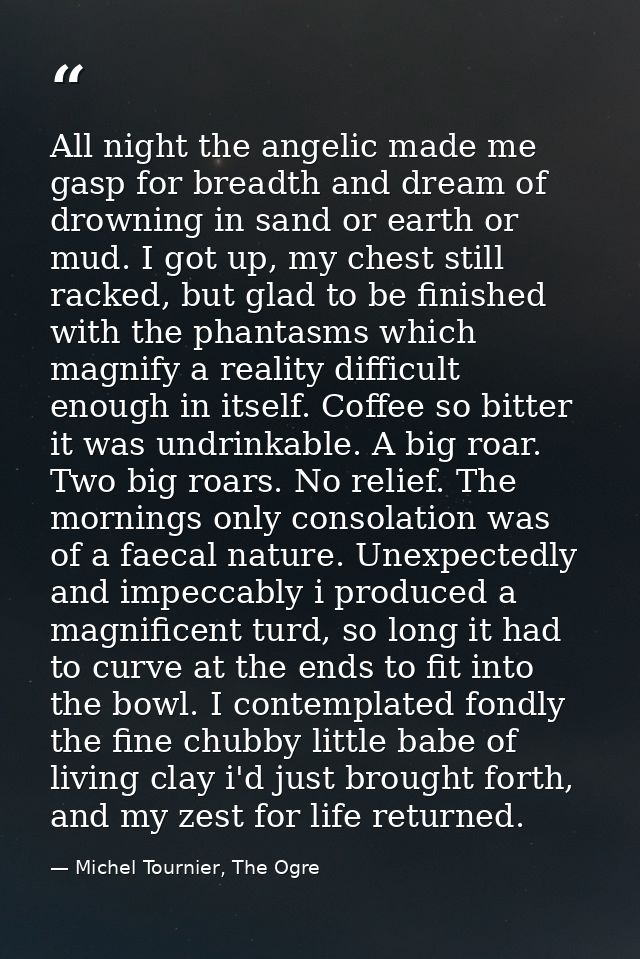 All night the angelic made me gasp for breadth and dream of drowning in sand or earth or mud. I got up, my chest still r — Michel Tournier, The Ogre