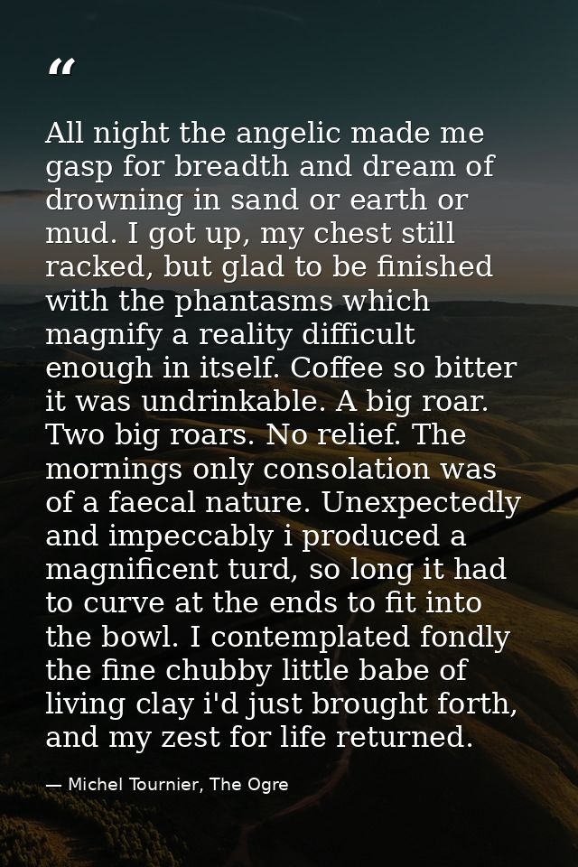 All night the angelic made me gasp for breadth and dream of drowning in sand or earth or mud. I got up, my chest still r — Michel Tournier, The Ogre