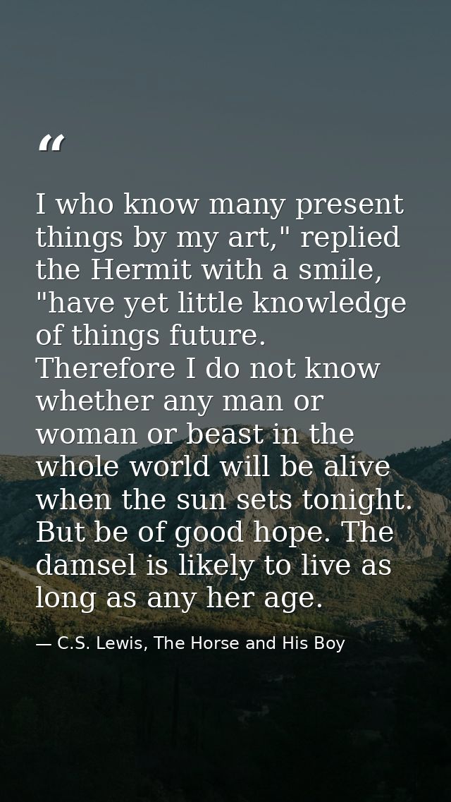 I who know many present things by my art," replied the Hermit with a smile, "have yet little knowledge of things future. — C.S. Lewis, The Horse and His Boy