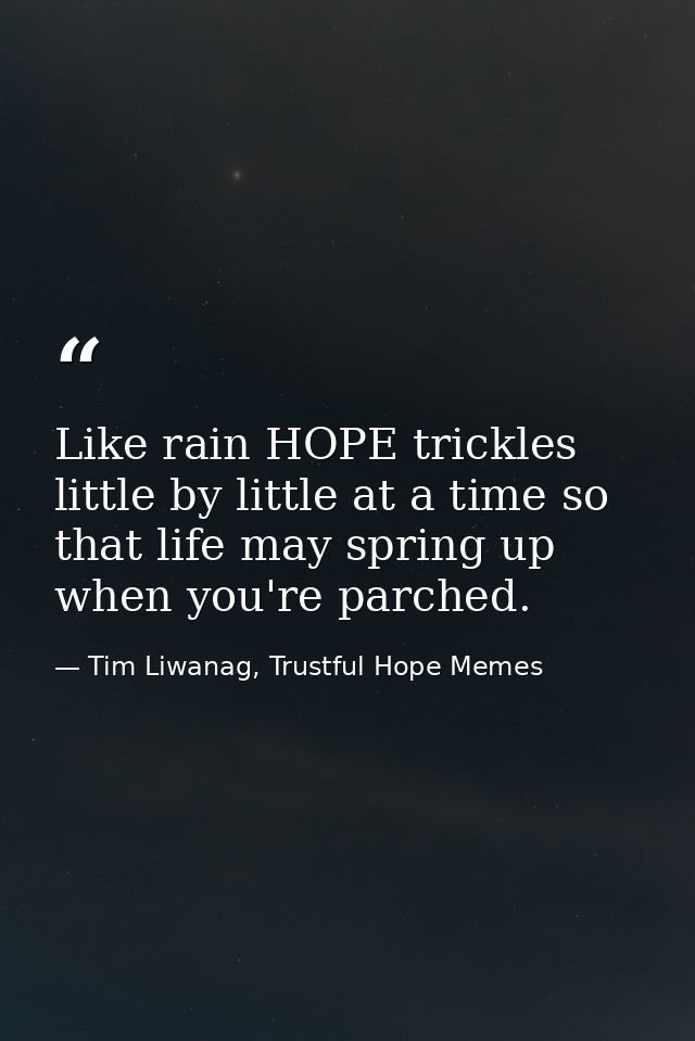 Like rain HOPE trickles little by little at a time so that life may spring up when you're parched. — Tim Liwanag, Trustful Hope Memes