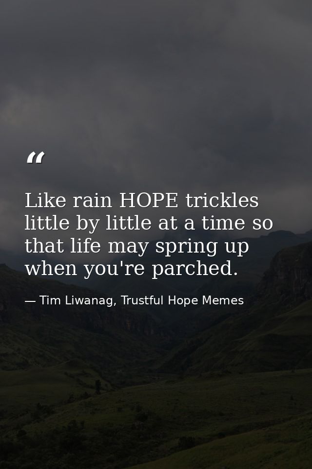 Like rain HOPE trickles little by little at a time so that life may spring up when you're parched. — Tim Liwanag, Trustful Hope Memes