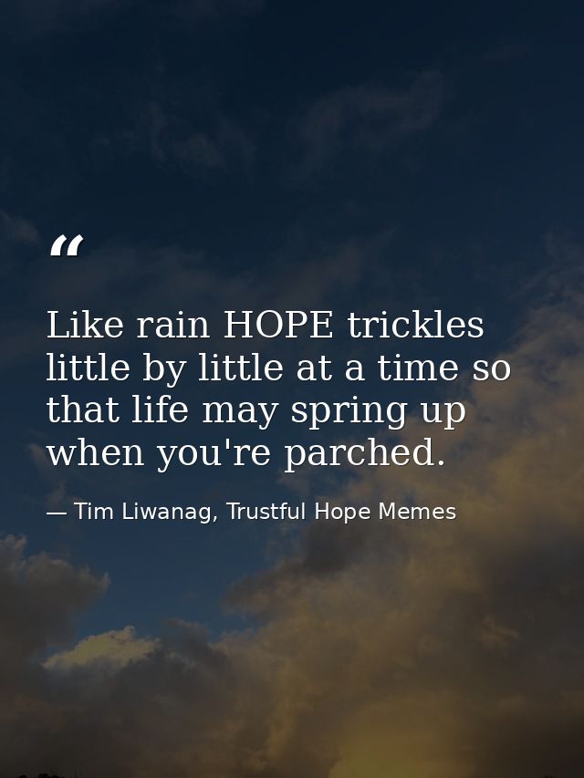 Like rain HOPE trickles little by little at a time so that life may spring up when you're parched. — Tim Liwanag, Trustful Hope Memes