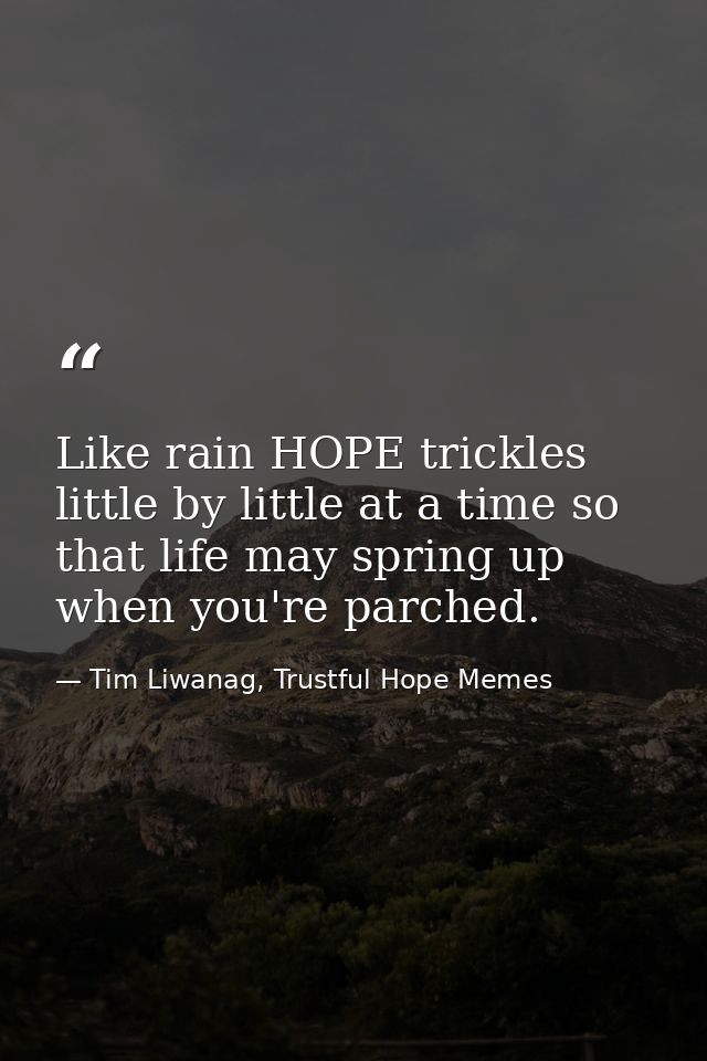 Like rain HOPE trickles little by little at a time so that life may spring up when you're parched. — Tim Liwanag, Trustful Hope Memes