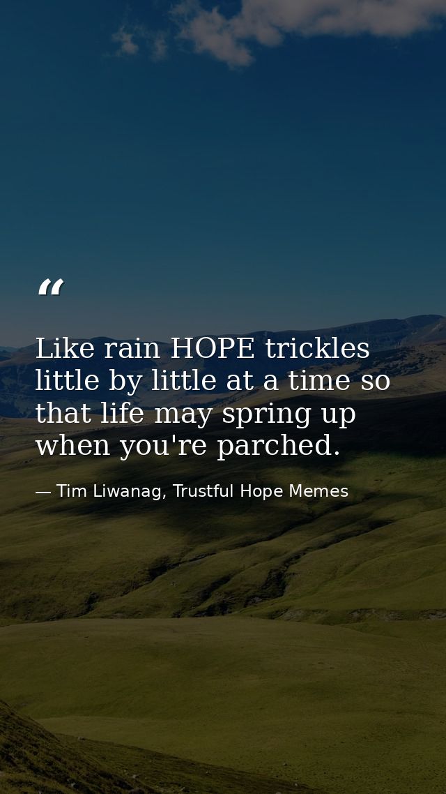 Like rain HOPE trickles little by little at a time so that life may spring up when you're parched. — Tim Liwanag, Trustful Hope Memes