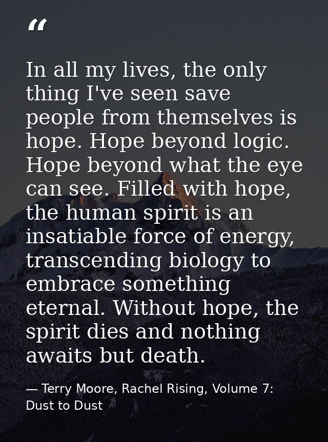 In all my lives, the only thing I've seen save people from themselves is hope. Hope beyond logic. Hope beyond what the e — Terry Moore, Rachel Rising, Volume 7: Dust to Dust