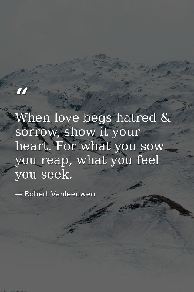 When love begs hatred & sorrow, show it your heart. For what you sow you reap, what you feel you seek. — Robert Vanleeuwen