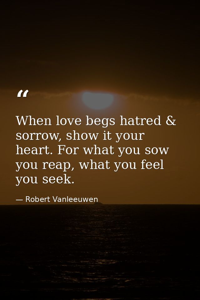 When love begs hatred & sorrow, show it your heart. For what you sow you reap, what you feel you seek. — Robert Vanleeuwen