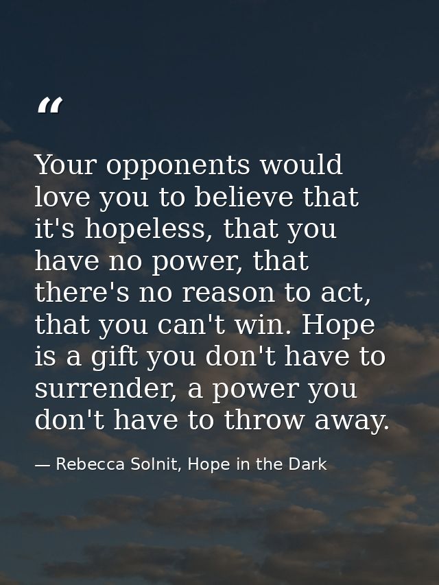 Your opponents would love you to believe that it's hopeless, that you have no power, that there's no reason to act, that — Rebecca Solnit, Hope in the Dark