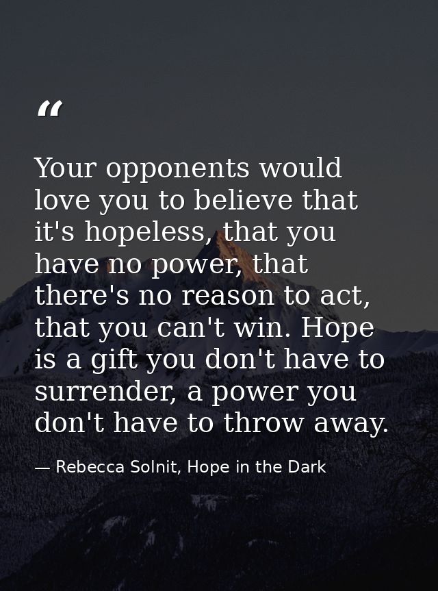 Your opponents would love you to believe that it's hopeless, that you have no power, that there's no reason to act, that — Rebecca Solnit, Hope in the Dark