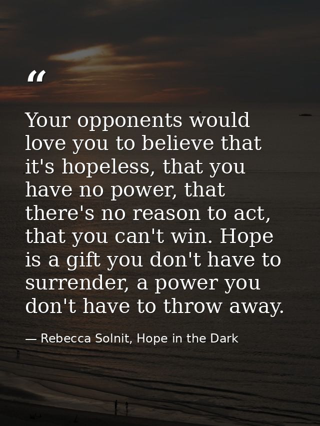 Your opponents would love you to believe that it's hopeless, that you have no power, that there's no reason to act, that — Rebecca Solnit, Hope in the Dark