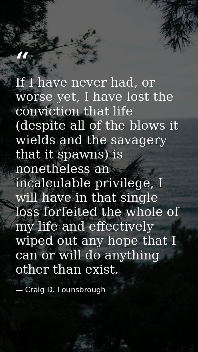 If I have never had, or worse yet, I have lost the conviction that life (despite all of the blows it wields and the sava — Craig D. Lounsbrough