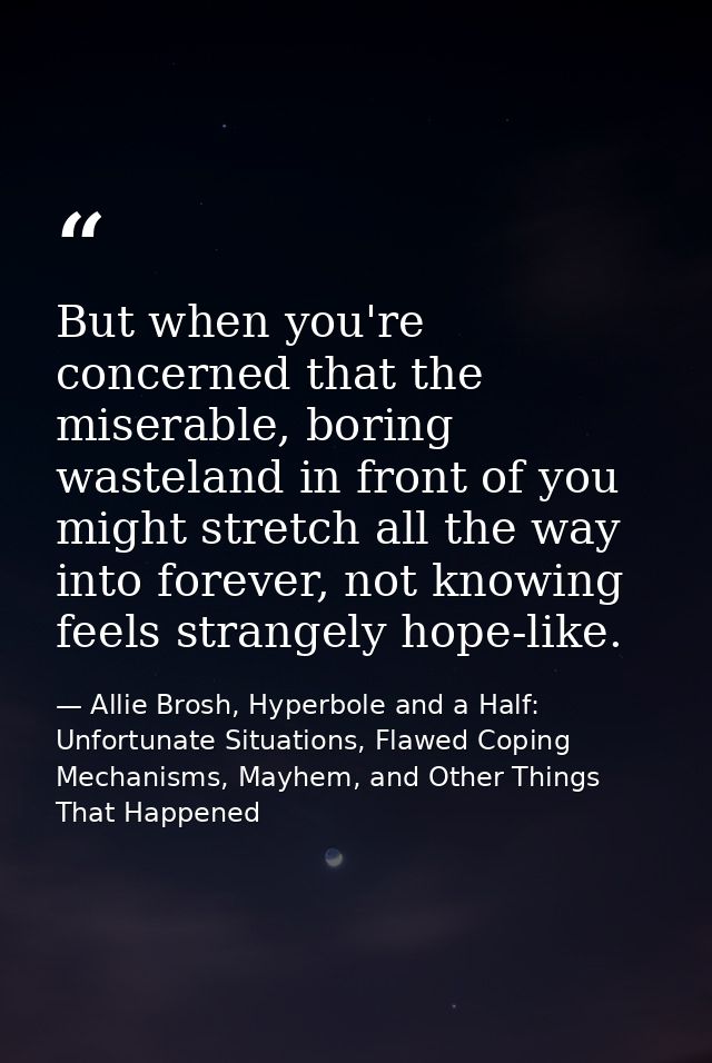 But when you're concerned that the miserable, boring wasteland in front of you might stretch all the way into forever, n — Allie Brosh, Hyperbole and a Half: Unfortunate Situations, Flawed Coping Mechanisms, Mayhem, and Other Things That Happened