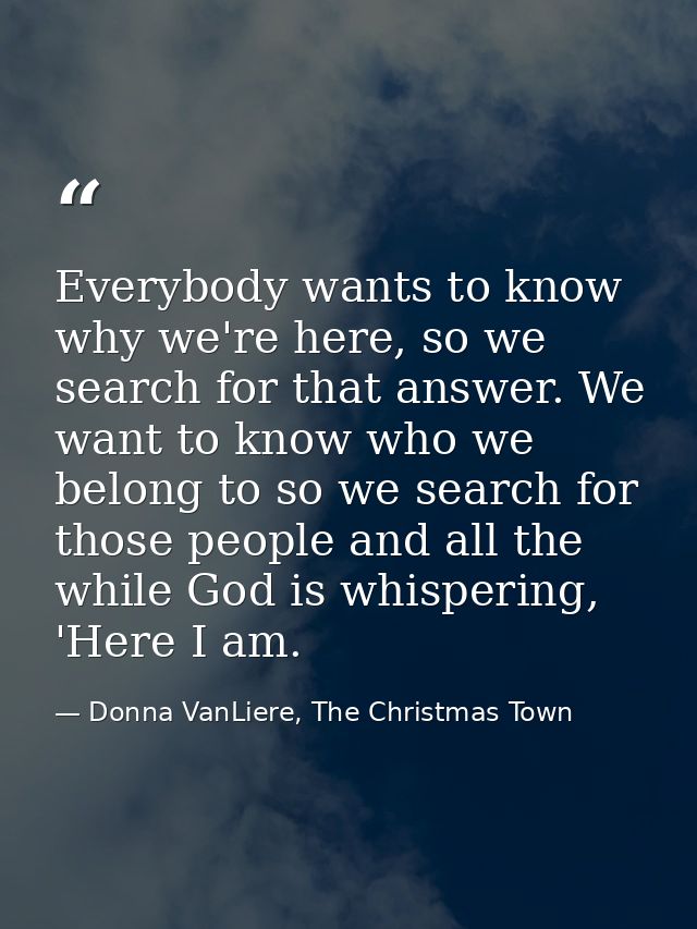 Everybody wants to know why we're here, so we search for that answer. We want to know who we belong to so we search for  — Donna VanLiere, The Christmas Town