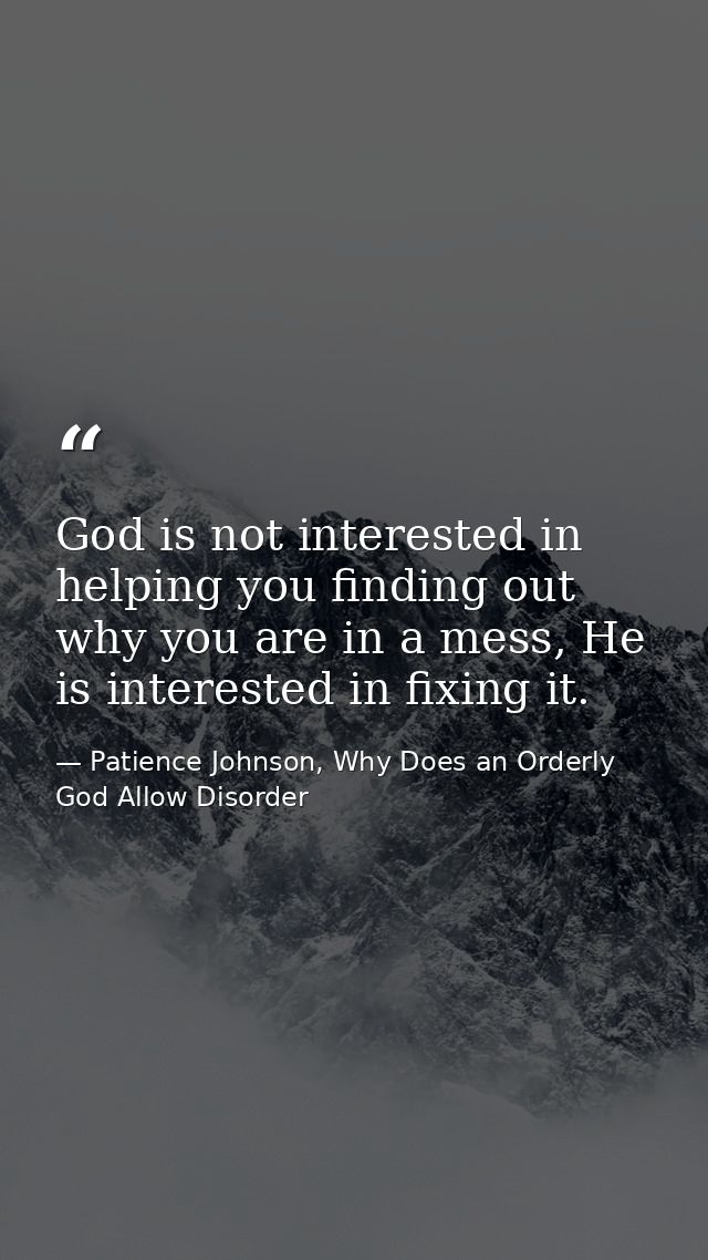 God is not interested in helping you finding out why you are in a mess, He is interested in fixing it. — Patience Johnson, Why Does an Orderly God Allow Disorder