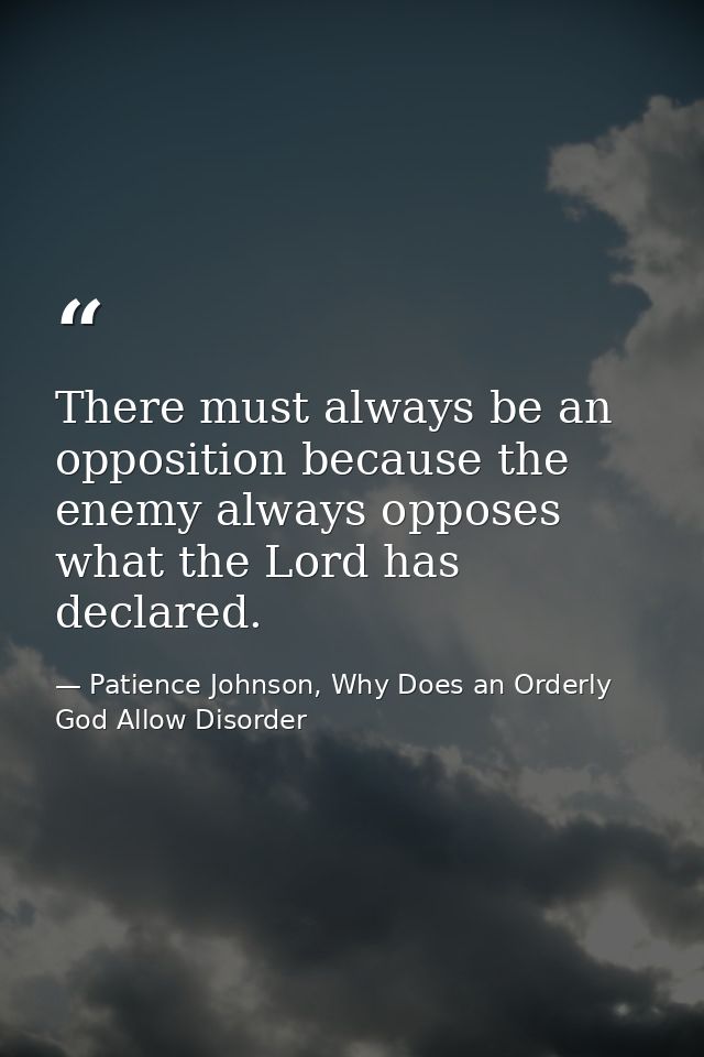 There must always be an opposition because the enemy always opposes what the Lord has declared. — Patience Johnson, Why Does an Orderly God Allow Disorder