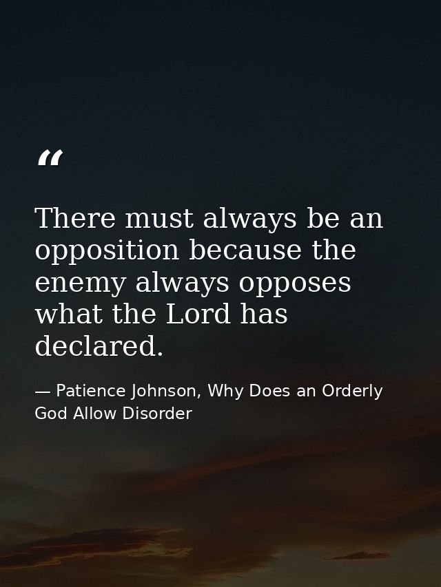 There must always be an opposition because the enemy always opposes what the Lord has declared. — Patience Johnson, Why Does an Orderly God Allow Disorder
