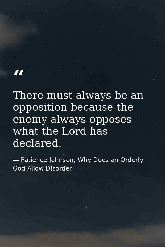 There must always be an opposition because the enemy always opposes what the Lord has declared. — Patience Johnson, Why Does an Orderly God Allow Disorder
