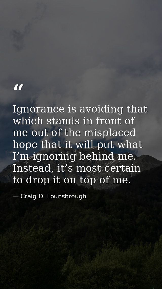 Ignorance is avoiding that which stands in front of me out of the misplaced hope that it will put what I’m ignoring behi — Craig D. Lounsbrough