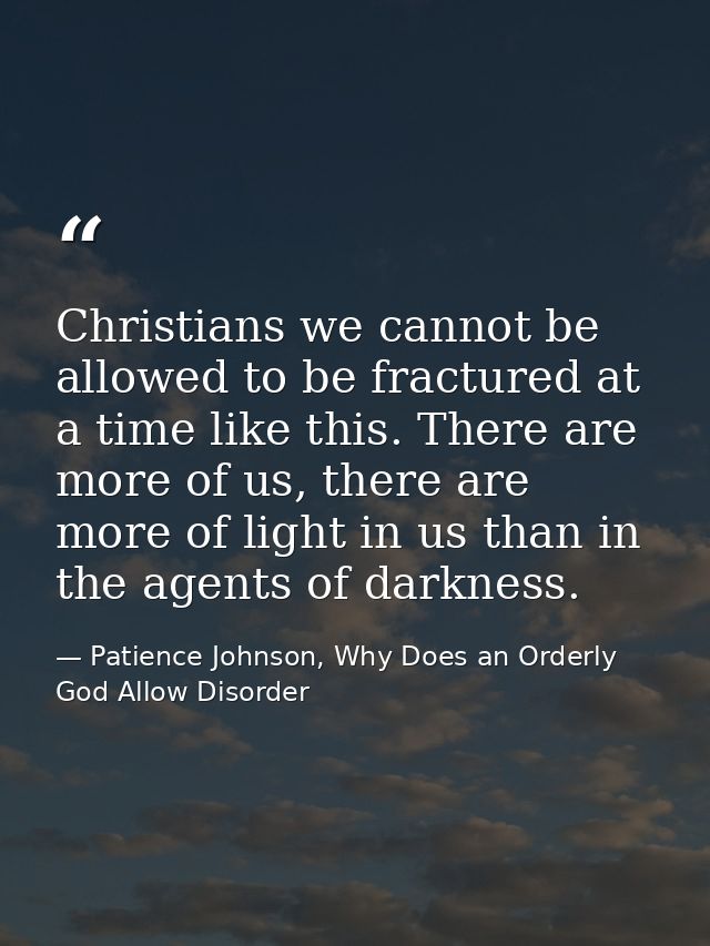 Christians we cannot be allowed to be fractured at a time like this. There are more of us, there are more of light in us — Patience Johnson, Why Does an Orderly God Allow Disorder