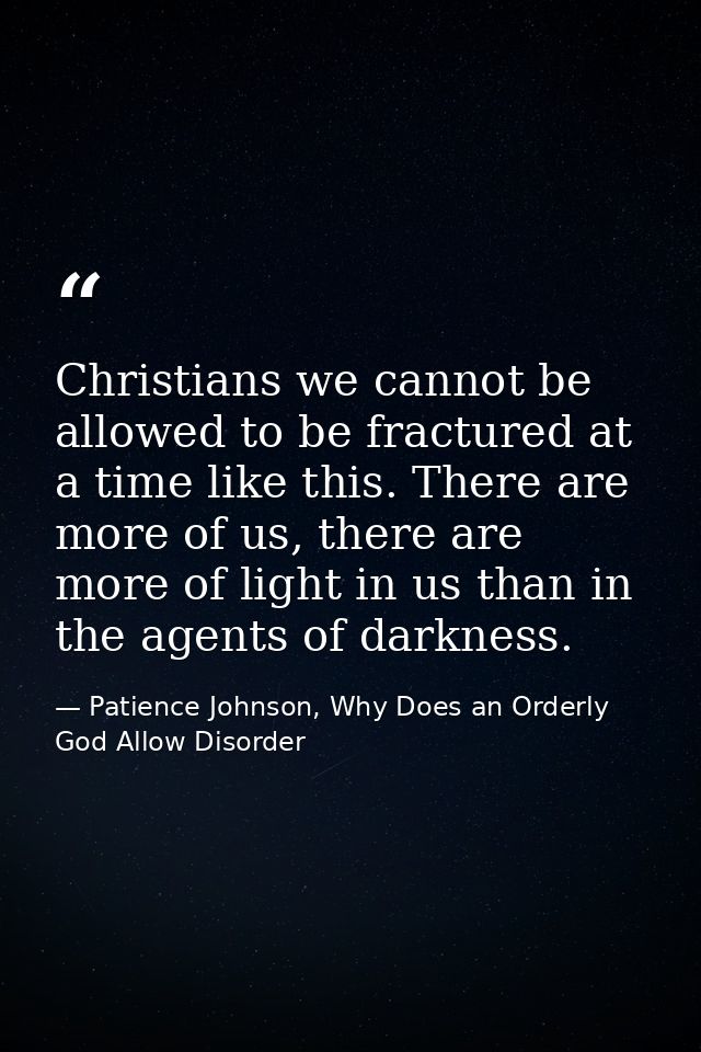 Christians we cannot be allowed to be fractured at a time like this. There are more of us, there are more of light in us — Patience Johnson, Why Does an Orderly God Allow Disorder