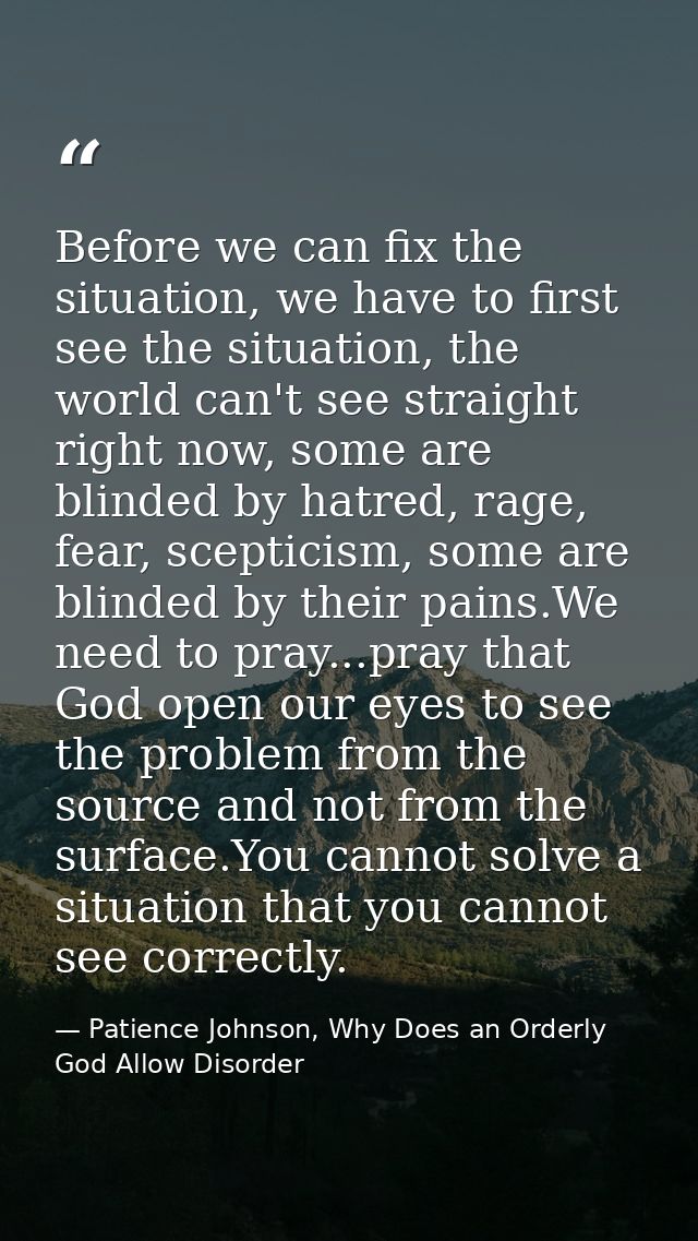 Before we can fix the situation, we have to first see the situation, the world can't see straight right now, some are bl — Patience Johnson, Why Does an Orderly God Allow Disorder