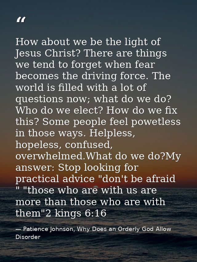How about we be the light of Jesus Christ? There are things we tend to forget when fear becomes the driving force. The w — Patience Johnson, Why Does an Orderly God Allow Disorder