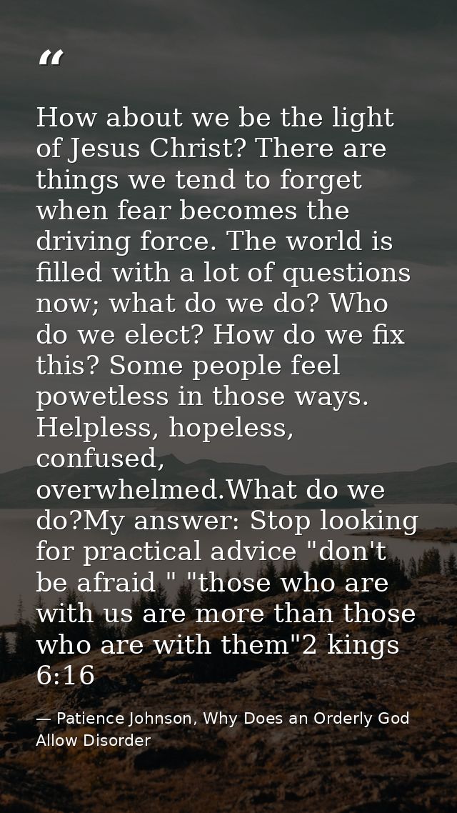 How about we be the light of Jesus Christ? There are things we tend to forget when fear becomes the driving force. The w — Patience Johnson, Why Does an Orderly God Allow Disorder