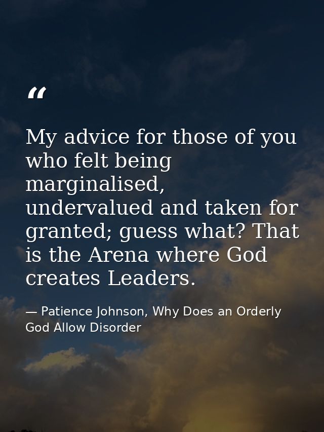 My advice for those of you who felt being marginalised, undervalued and taken for granted; guess what? That is the Arena — Patience Johnson, Why Does an Orderly God Allow Disorder