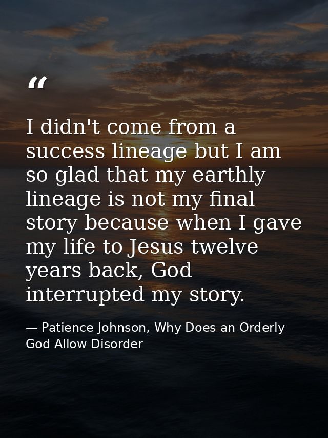 I didn't come from a success lineage but I am so glad that my earthly lineage is not my final story because when I gave  — Patience Johnson, Why Does an Orderly God Allow Disorder