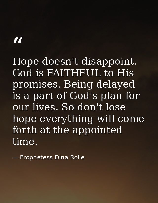 Hope doesn't disappoint. God is FAITHFUL to His promises. Being delayed is a part of God's plan for our lives. So don't  — Prophetess Dina Rolle