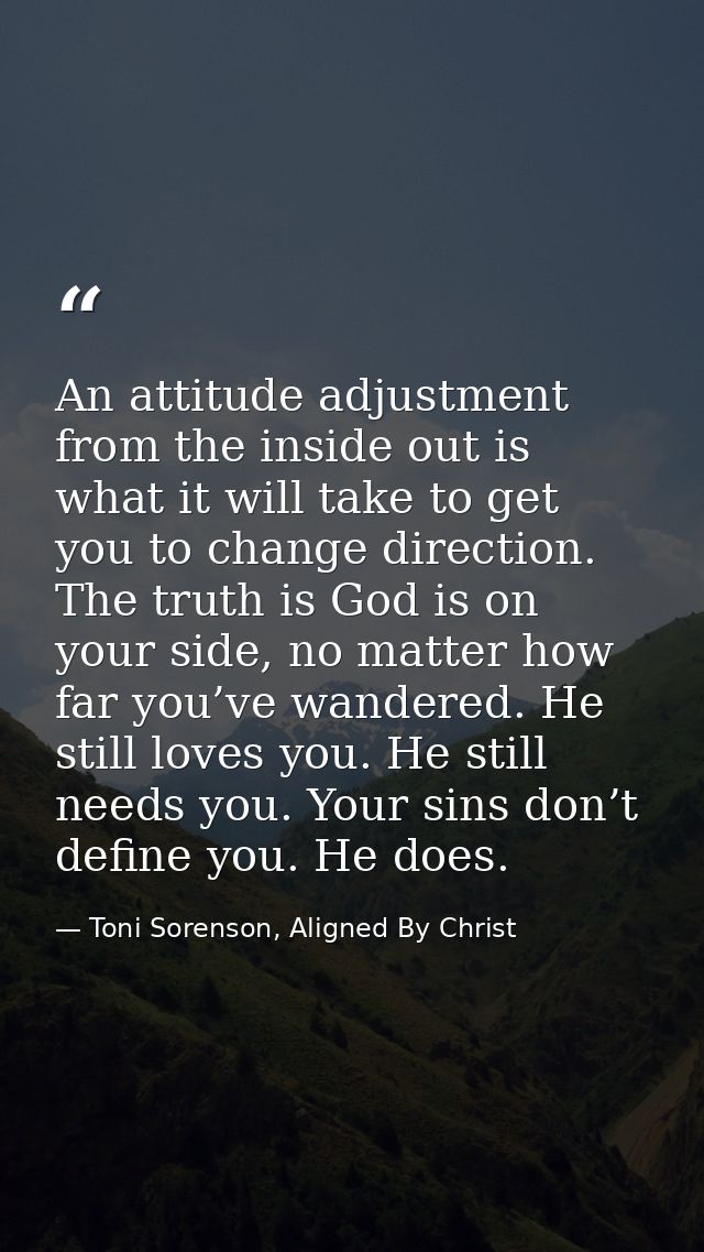An attitude adjustment from the inside out is what it will take to get you to change direction. The truth is God is on y — Toni Sorenson, Aligned By Christ
