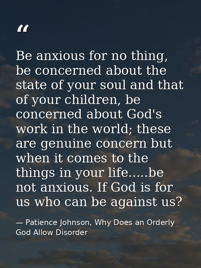 Be anxious for no thing, be concerned about the state of your soul and that of your children, be concerned about God's w — Patience Johnson, Why Does an Orderly God Allow Disorder
