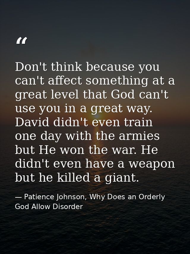 Don't think because you can't affect something at a great level that God can't use you in a great way. David didn't even — Patience Johnson, Why Does an Orderly God Allow Disorder