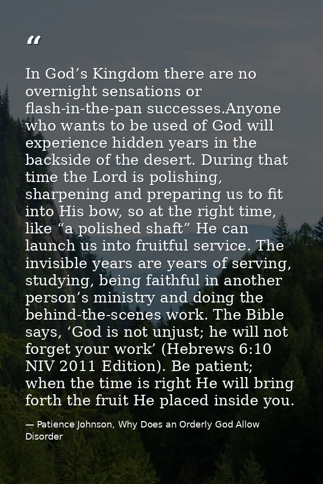 In God’s Kingdom there are no overnight sensations or flash-in-the-pan successes.Anyone who wants to be used of God will — Patience Johnson, Why Does an Orderly God Allow Disorder