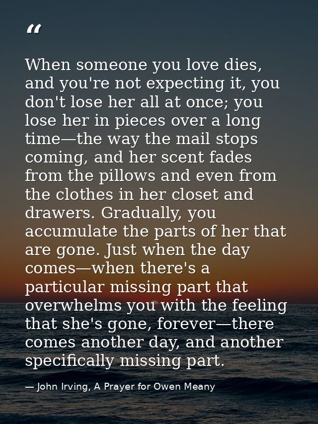 When someone you love dies, and you're not expecting it, you don't lose her all at once; you lose her in pieces over a l — John Irving, A Prayer for Owen Meany